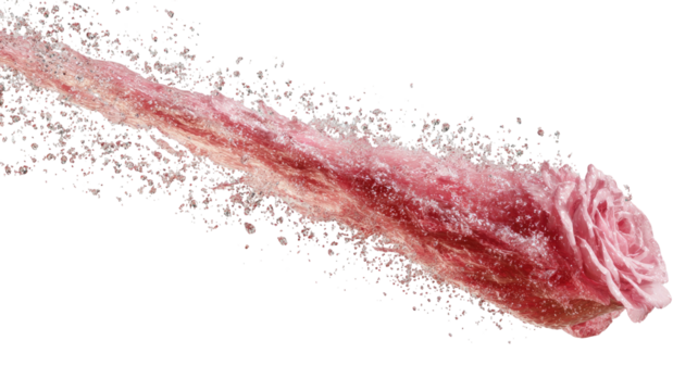 Blooming rose disintegration on black, leaves blurring into stardust