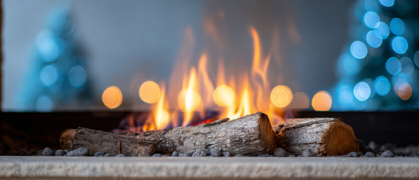 Cozy indoor fireplace with burning logs and warm flames creating a relaxing atmosphere with blurred blue Christmas tree lights in the background
