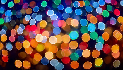 Abstract, festive background featuring a dense pattern of colorful, blurred lights and glowing circular bokeh shapes in warm gold, red, and cool blue tones.