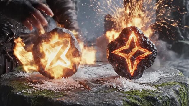 Artisan's hand carving a glowing ancient rune stone on a moss-covered rock, generating magical energy and splashing water, representing power and fantasy