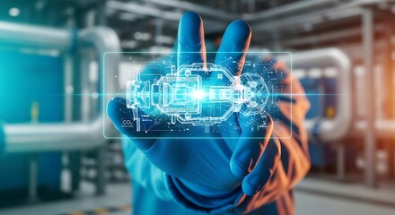 Futuristic hologram technology displays advanced engineering blueprint for industrial machinery in a factory setting