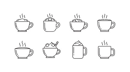 Collection of eight steaming hot beverage cups in a simple outline silhouette style