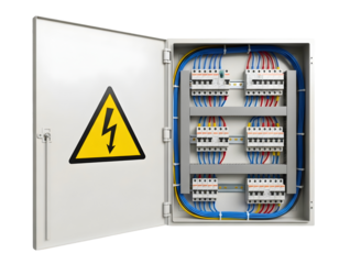 Open electrical distribution box with wiring and danger symbol isolated on transparent background