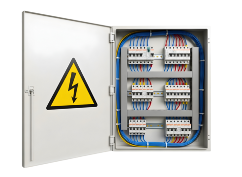 Open electrical distribution box with wiring and danger symbol isolated on transparent background