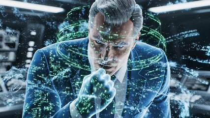 Businessman cyborg integrating with advanced ai technology, his form covered in glowing digital code and data streams within a dark, high-tech control room environment - Powered by Adobe