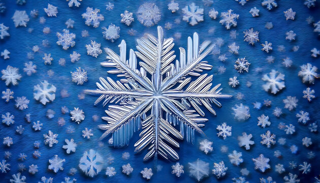High-resolution digital illustration showcasing intricate, radial snowflake symmetry and geometric patterns in shades of white and deep blue, creating an abstract background.