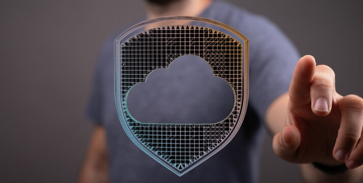 Person interacting with cloud data interface, representing security, protection and digital safety. - Powered by Adobe
