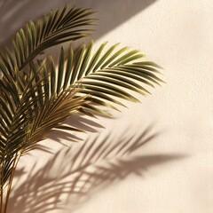 Obraz premium Elegant light background with overlapping palm leaf shadow textures forming organic geometry and contemporary graphic design backdrop close up of palm tree