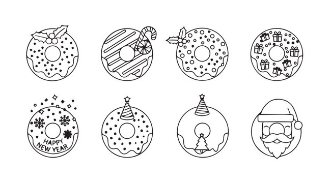Collection of festive christmas donuts and santa claus head silhouette