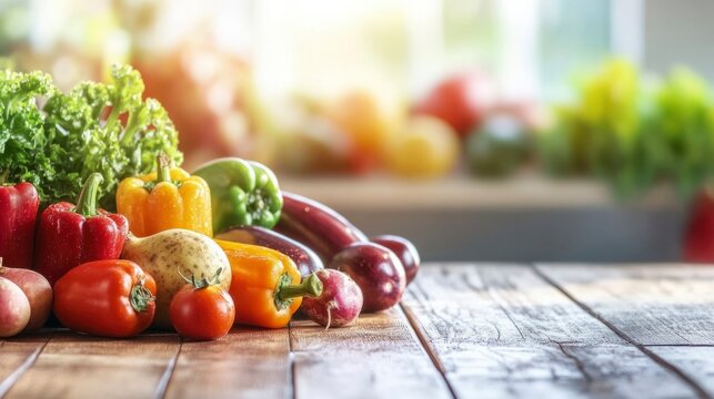 Assorted fresh vegetables including carrots tomatoes and peppers on a wooden table