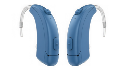 Blue modern hearing aids pair isolated on transparent background