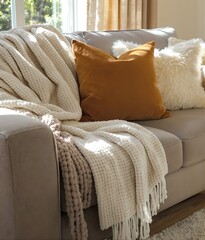 Soft Beige Sofa with Wool Blanket, Velvet and Fur Pillows in Natural Light 
