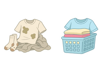 Dirty stained clothing pile next to a basket of fresh clean folded laundry