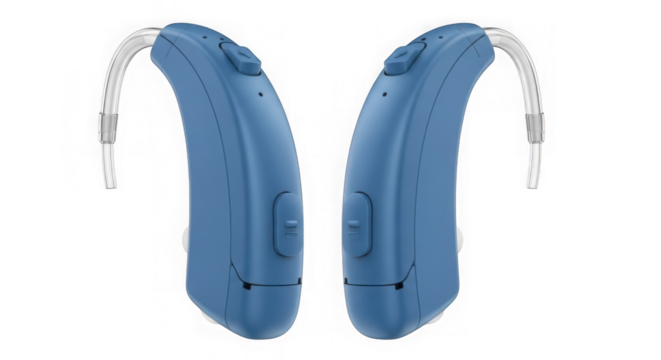 Blue modern hearing aids pair isolated on transparent background - Powered by Adobe