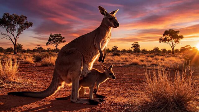 Adult female kangaroo protecting its young joey in the australian outback, standing upright on red earth as the sun sets, casting long shadows and a colorful sky