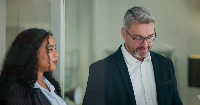 Review, advice or people in office with conversation, discussion or task agenda for project. Digital, mature or operations manager in agency with talk, guidance or coordination for feedback report.