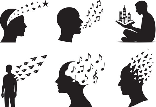 Conceptual illustrations of human intellectual and creative processes. silhouettes depict ideas, musical expression, knowledge, innovation, and abstract thought using symbolic elements.