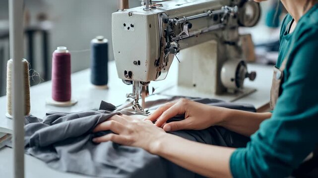 Tailor sewing fabric on professional machine in workshop with focus on hands creating detailed garment work