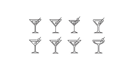 Collection of eight martini glasses with olives and straws silhouette