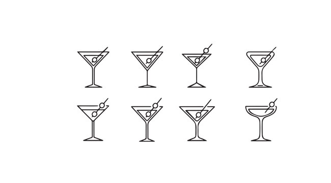 Collection of eight martini glasses with olives and straws silhouette