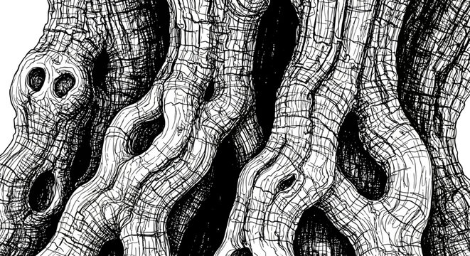Intricate monochrome illustration of ancient gnarled tree trunks and roots.