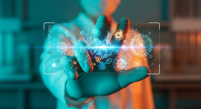 Scientist Interacting with Futuristic Digital Interface, Exploring Advanced Data Visualization for Breakthroughs in Scientific Research and Innovation