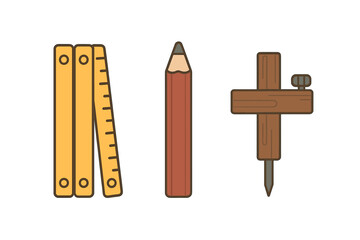Classic drafting and carpentry tools including folding ruler, pencil, and wooden marking gauge