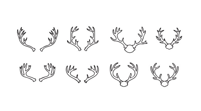 Collection of eight unique deer antler silhouettes with botanical elements silhouette