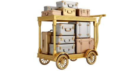 Luxurious gold luggage cart stacked with vintage suitcases ready for adventure, inspiring travel and classic style nostalgia