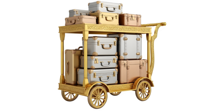 Luxurious gold luggage cart stacked with vintage suitcases ready for adventure, inspiring travel and classic style nostalgia - Powered by Adobe