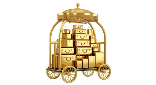 Luxury golden luggage cart piled high with stylish suitcases, conveying upscale travel and five star service, perfect for hotels and resorts
