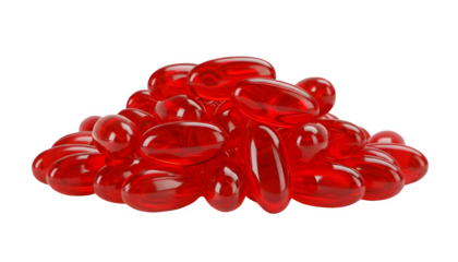 Pile of vibrant red gel capsules for health supplements and pharmaceutical needs, representing wellness and modern medicine solutions