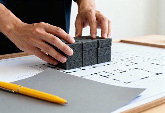 Architect's hands building a foam block model on a blueprint. Designer planning a construction project. Engineering and development concept - Powered by Adobe