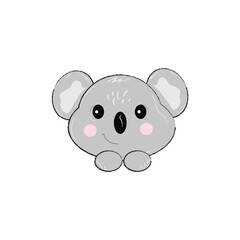 Cute, smiling baby koala head illustration. Hand-drawn vector element with pink cheeks, isolated on white. Ideal for children's logos, patches, baby shower designs, and nursery decor. 