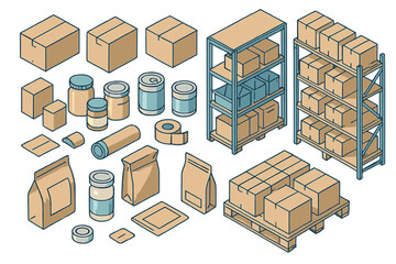 Isometric collection of packaging containers, shipping boxes, storage racks, and warehouse items
