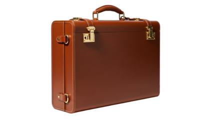 Sophisticated brown leather briefcase with gold accents for the discerning professional on the go, exuding success and confidence