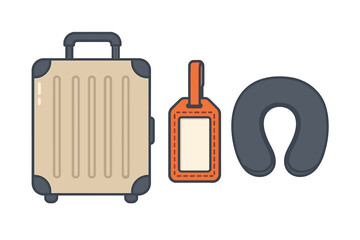Rolling suitcase, luggage tag, and neck pillow representing essential travel accessories