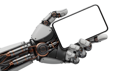 Futuristic robot hand holding a modern smartphone with a blank display for your innovative technology or artificial intelligence concepts