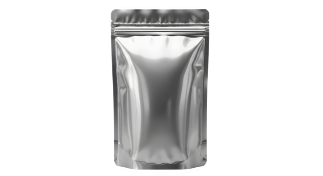 Sleek silver foil pouch with zipper closure for product packaging mockups and food storage solutions, ideal for brand design and marketing visuals