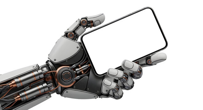 Futuristic robot hand holding a modern smartphone with a blank display for your innovative technology or artificial intelligence concepts - Powered by Adobe