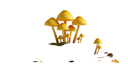 Isolated Group of Golden Yellow Mushrooms on Moss with Transparent Background