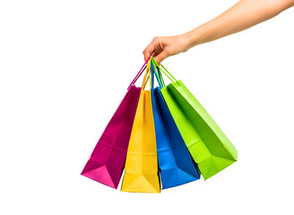 Hand holding colorful shopping bags isolated on transparent background