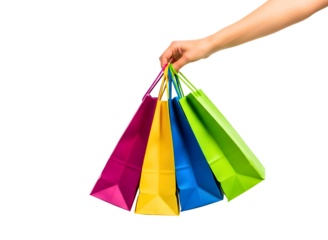 Hand holding colorful shopping bags isolated on transparent background