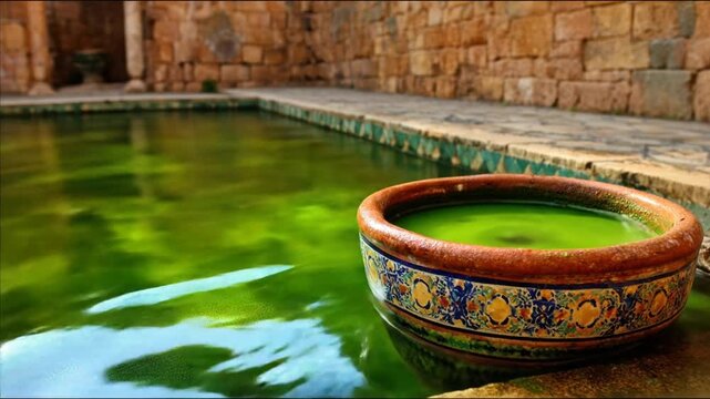 A vibrant green water pool with a decorated pottery bowl in the foreground, against a brick wall