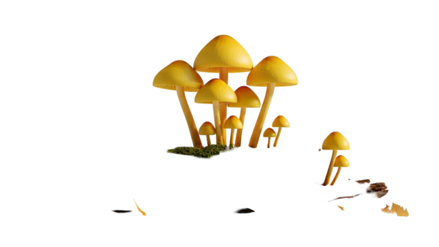 Isolated Group of Golden Yellow Mushrooms on Moss with Transparent Background