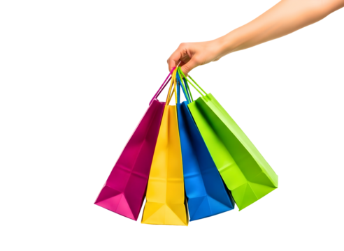 Hand holding colorful shopping bags isolated on transparent background