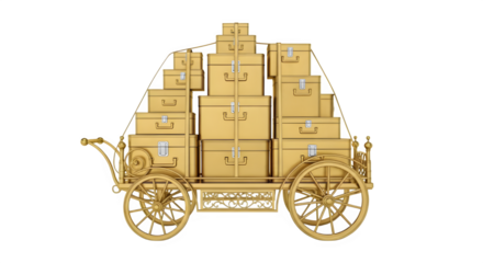 Golden cart loaded high with vintage luggage, ready for grand adventures and luxury travel, evoking nostalgia and timeless elegance