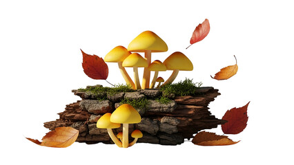 Cluster of Yellow Mushrooms Growing on Mossy Log with Autumn Leaves on Transparent Background