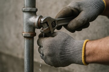 Repairing a Leak: A skilled tradesman, wearing work gloves, meticulously repairs a leaking pipe with a wrench, focusing on a critical repair.