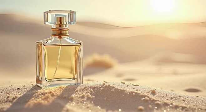 Luxury Perfume Bottle Standing on Textured Desert Sand Under Golden Sunlight